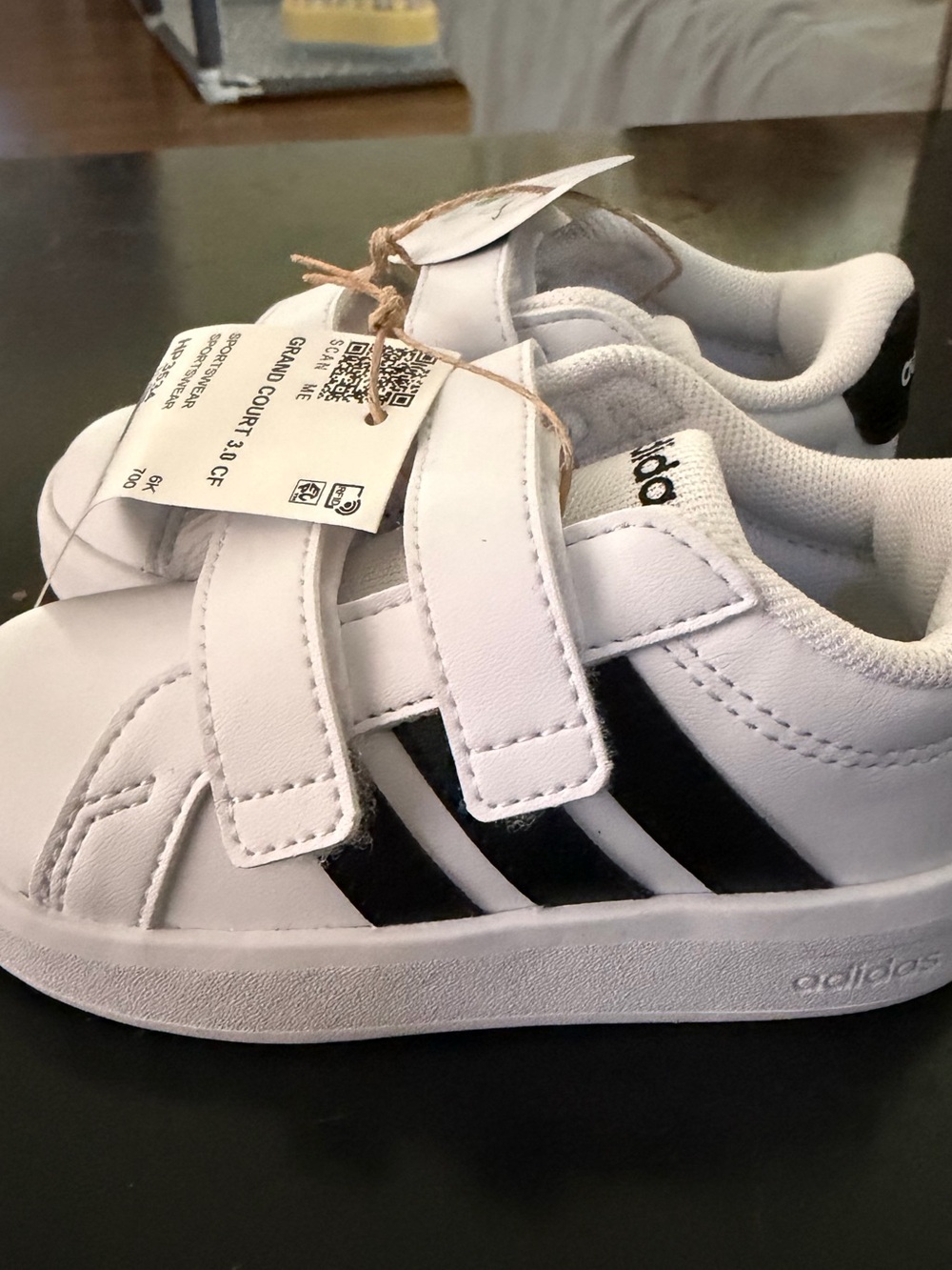 adidas Kids White Sneakers with Black Stripes Velcro